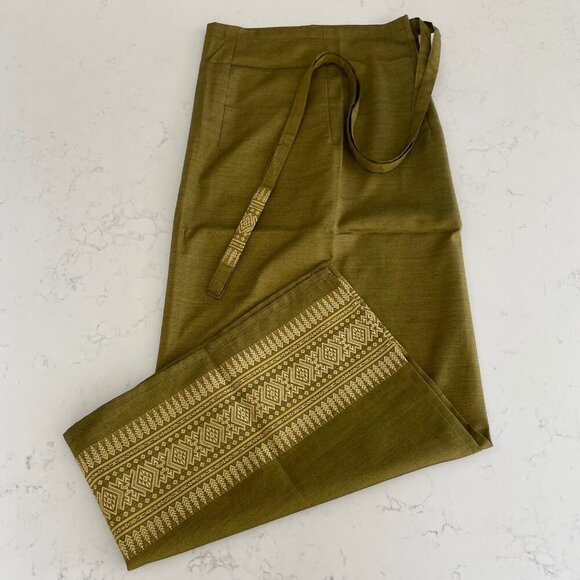 Sari Maxi Wrap Skirt w Embroidered 5" Gold Border Olive Green Sz OS - no tags - Picture 3 of 10